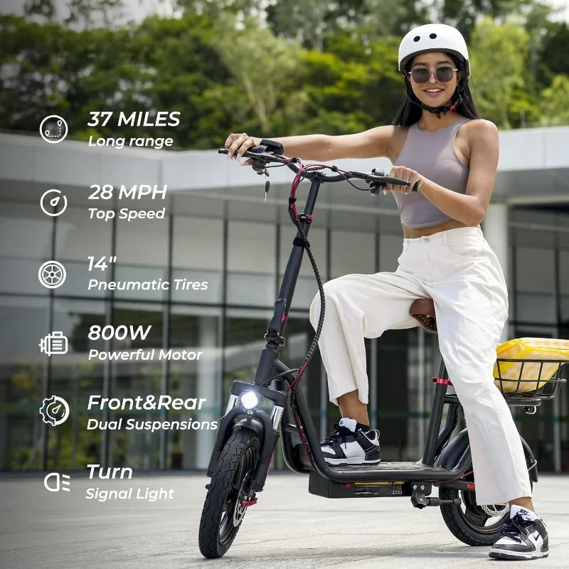 Electric Scooter with Seat, 37/21 Miles Long Range & 28/19/15.6 MPH Top Speed, 14"/12"/10" Pneumatic Tire, Height Adjus