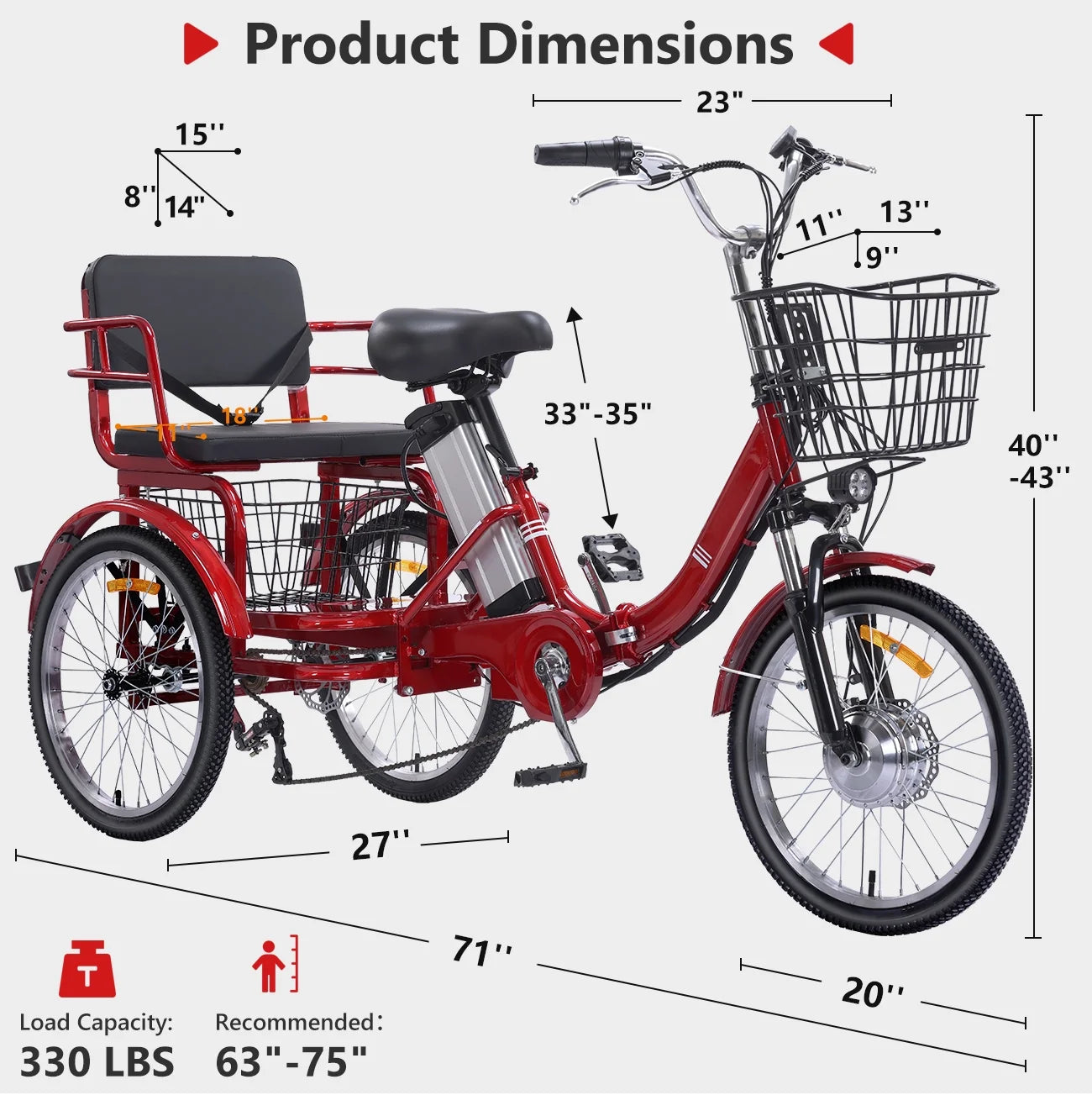 Electric Tricycle for Adults Folding Electric Trike 3 Wheel Electric Trike with Two-Seater Large Basket Super Powerful Brushless 350W Motor 36V12AH Lithium Battery Max 20MPH E-Tricycle Red