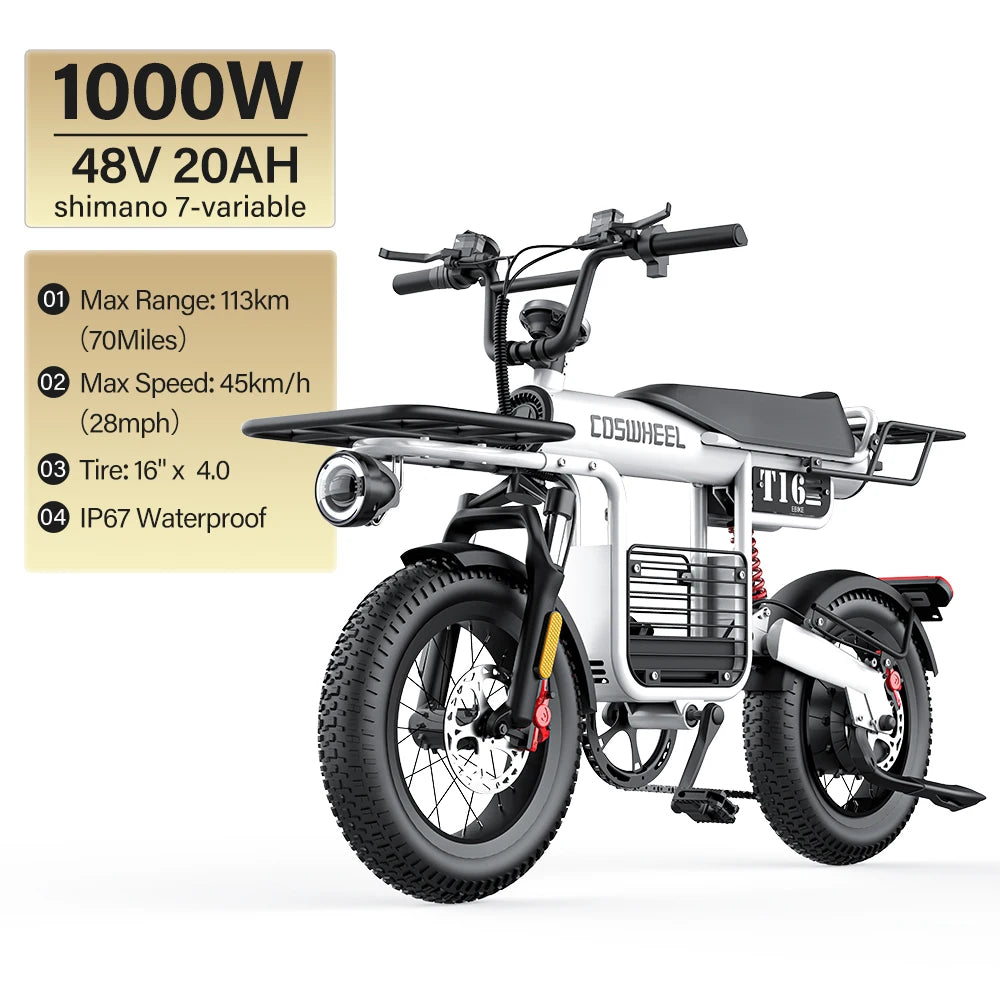 Coswheel Electric Bike Adult Road Ebike T16 Mountain Ebikes Urban Commuting Electric Bike 48V 20AH Outdoor Electric Motorcycle