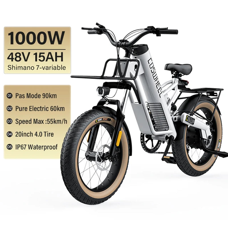 Coswheel M20 Electric Bike Electrical Bicycle for Adult 1000W Ebike 20 Inch Tire 48V 20AH Battery Outdoor Road Snow Bike Cargo