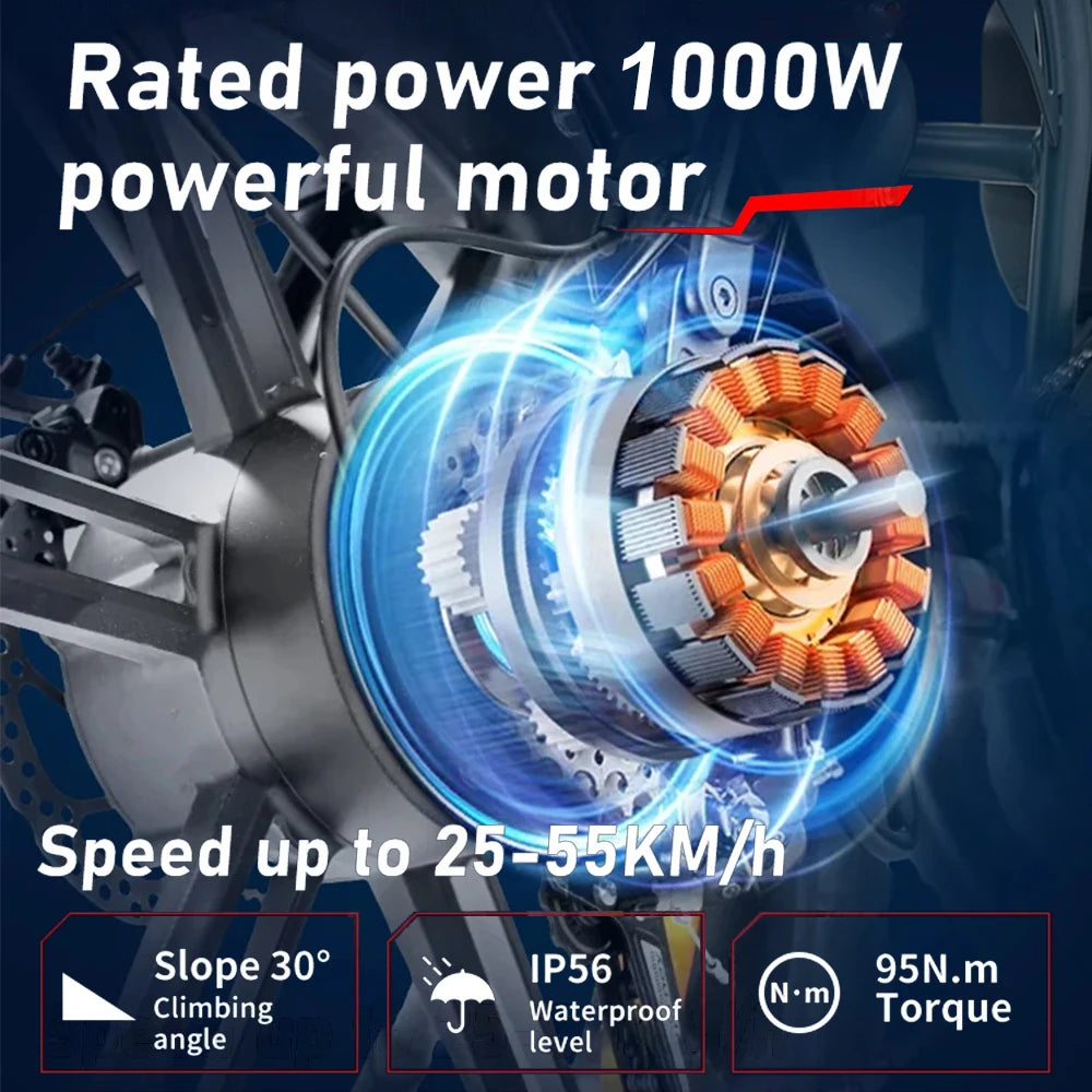 1000W 48V 60AH Adult Ebike Electric Bike Mountain Max 55KM/H Speed 20Inch Fat Tire Cycling Bicycle Electric Bicycle Off-Road
