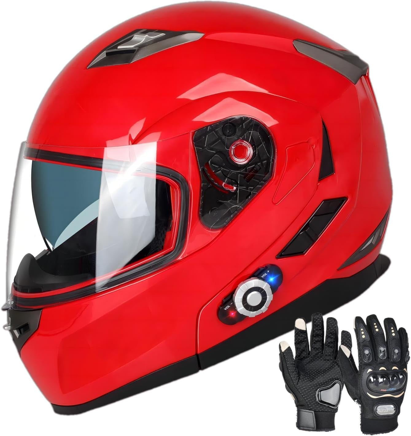 Freedconn BM2-S Bluetooth Motorcycle Helmet, Flip-Up Modular Motorbike Helmet, 500M Connectivity for 2-3 Riders, Voice Dial, Hands-Free Call, MP3, FM, DOT Certified (Medium, Gloss Black)