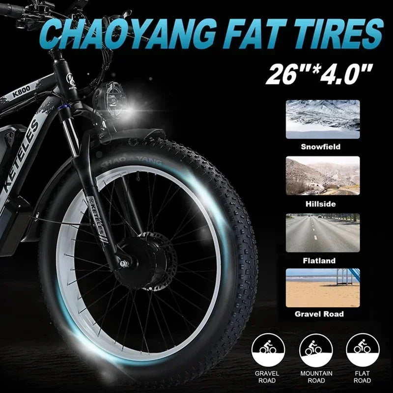 KETELES K800 Adult Mountain Electric Bicycle 2000W Motor 48V23Ah Battery Electric Bike 26 Inch Fat Tire Mountain Off-Road Ebike