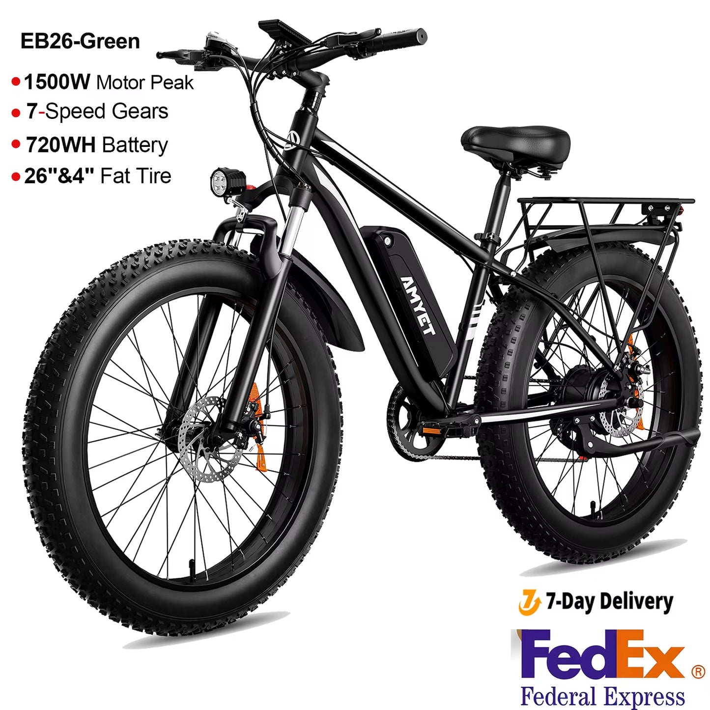AMYET Electric Bike EB26 Blue Adults Electric Bicycle 31Mph Peak 1500W 720WH Ebike 26" Fat Tire Mountain Bike Electric Dirt Bike