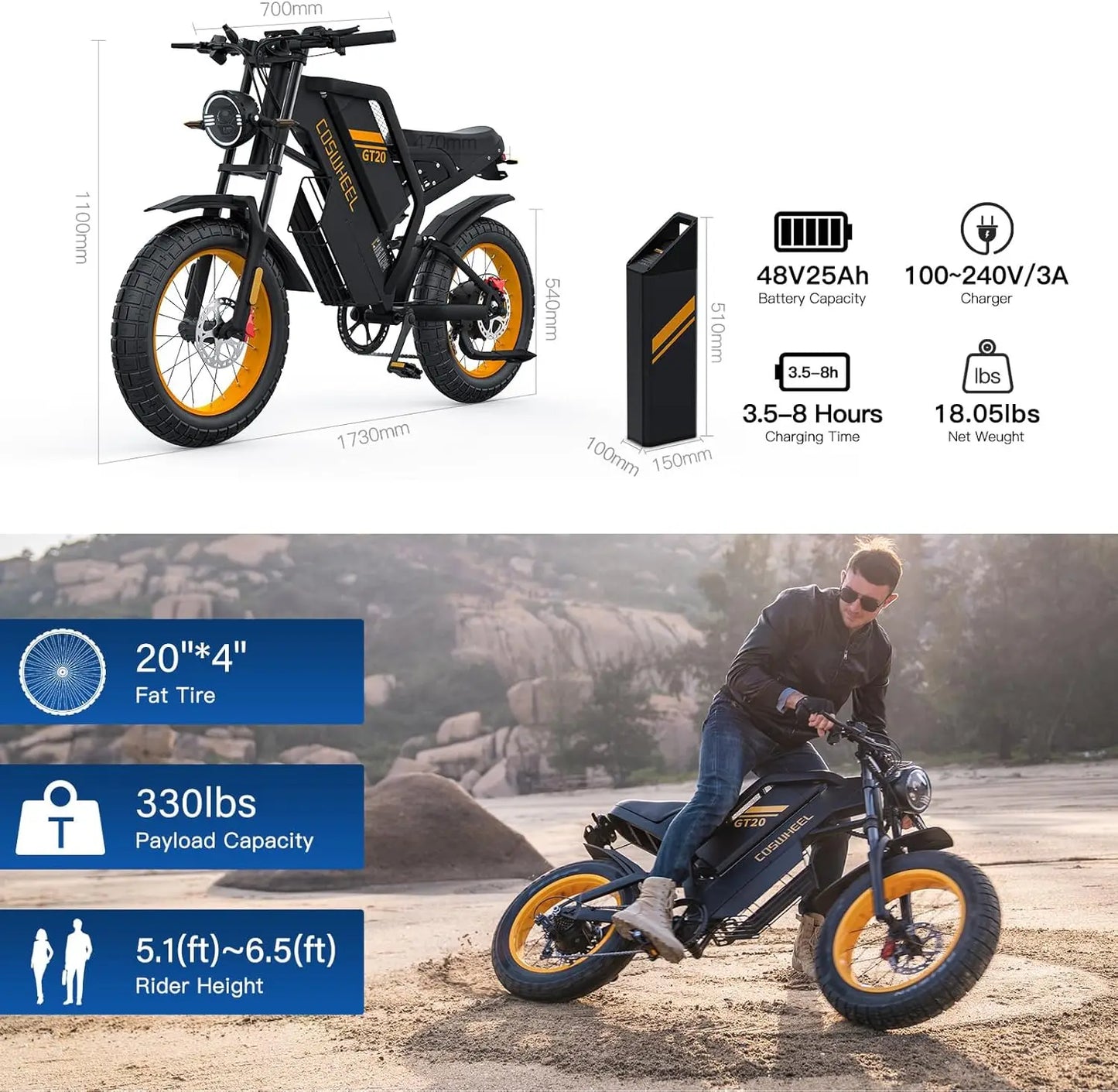 Coswheel Electric Bike Dual Motor GT20 Pro/Gt20 3000W 48V 40AH Mountain Bikes Electric off Road Bike Fat Tires Motorcycle Ebike