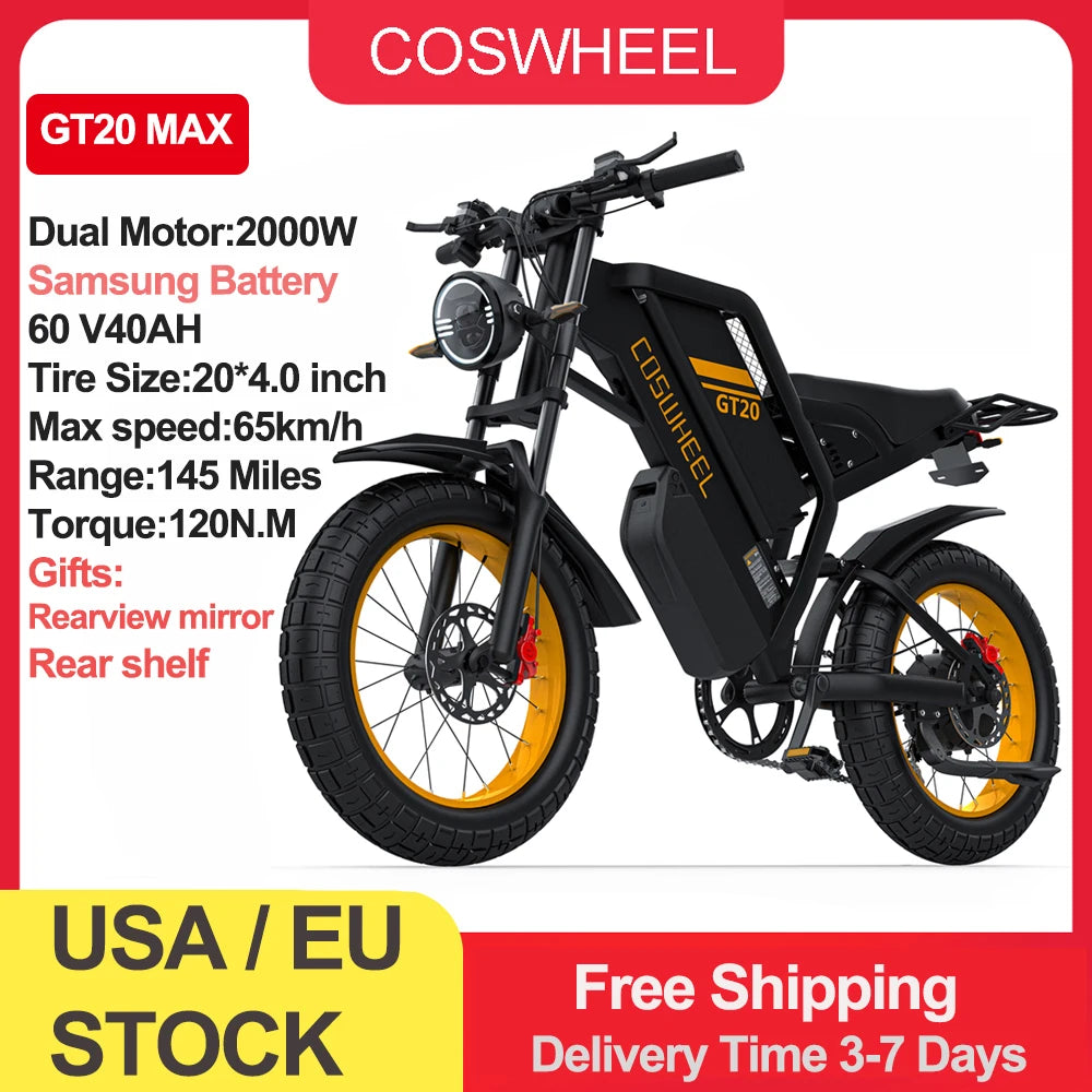 Coswheel Electric Bike for Adults GT20 Max 2000W Electric Motorcycle Dirt Bike 60V 40AH Removable Battery off Road Mountain Bike