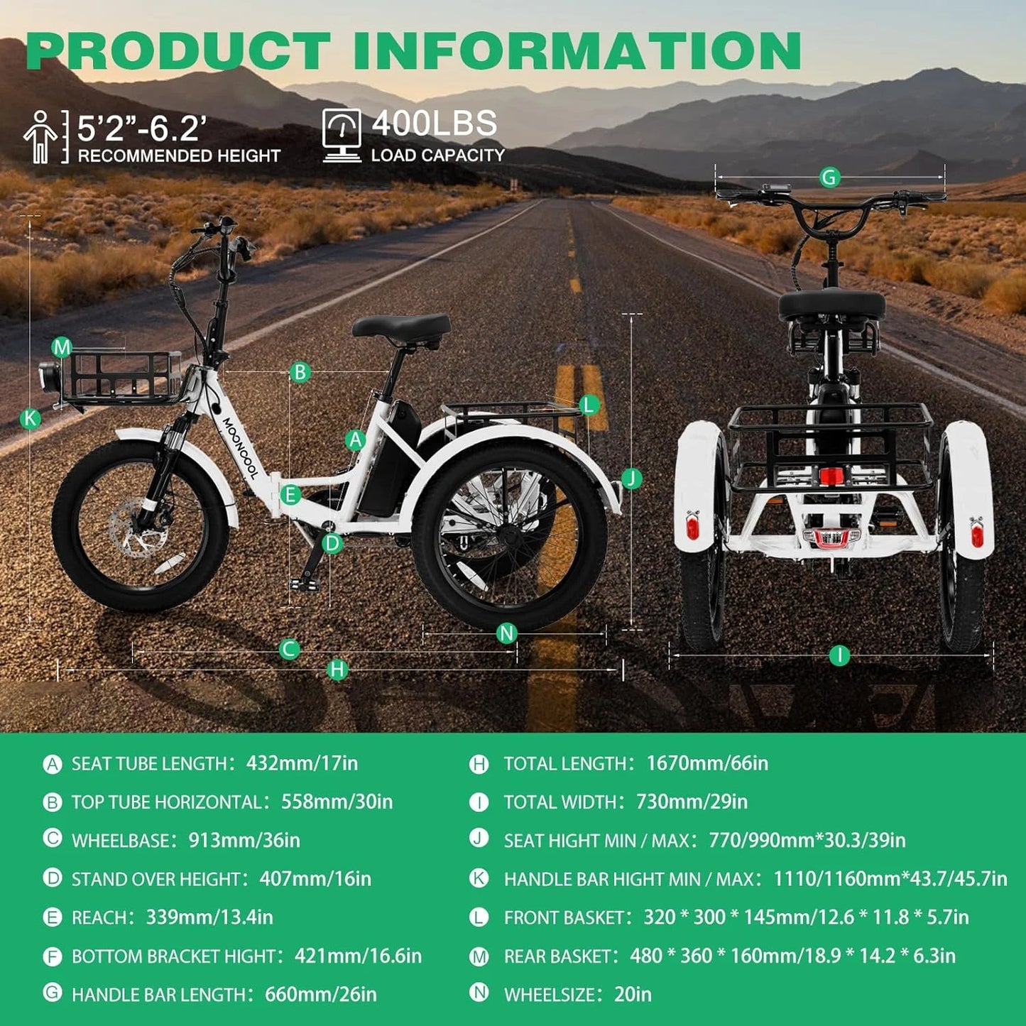 ABORON 20" Fat Tire Electric Trike 750W 48V Motorized Folding Commute E-Bike for Adult, Foldable 3 Wheel Electric Bicycle Trike for Senior Women with Front & Rear Basket, UL2849