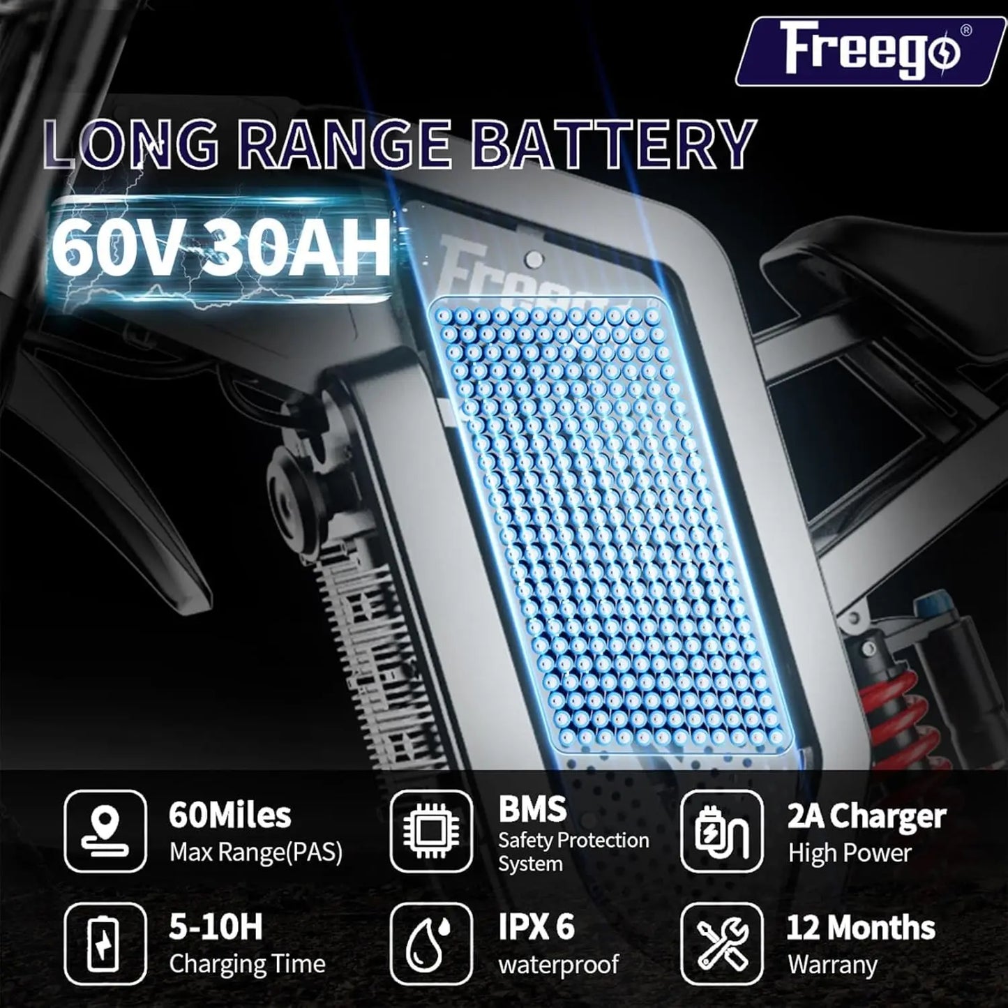 Ebike Freego X2 Electric Motorcycles Brushless Gearless Motors 6000W 60V/30Ah Lithium Battery 50MPH Adult off Road MTB Ebike