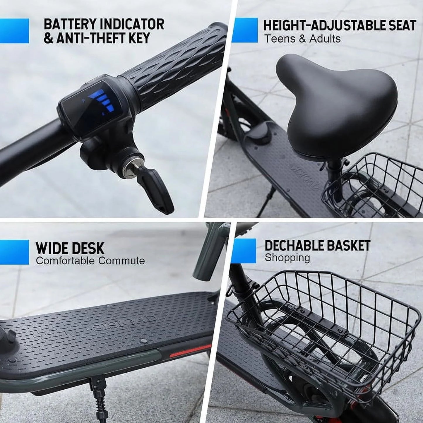 SISIGAD Electric Scooter for Adults with Seat, 30 Miles Long Range & 16 Mph Power by 500W Motor, 12" Pneumatic Tire & Height Adjustable Seat
