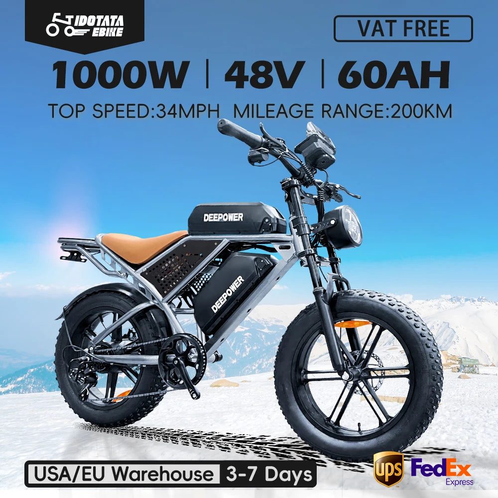 1000W 48V 60AH Adult Ebike Electric Bike Mountain Max 55KM/H Speed 20Inch Fat Tire Cycling Bicycle Electric Bicycle Off-Road