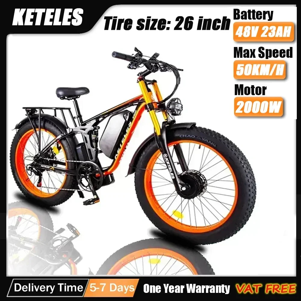 KETELES K800 Adult Mountain Electric Bicycle 2000W Motor 48V23Ah Battery Electric Bike 26 Inch Fat Tire Mountain Off-Road Ebike