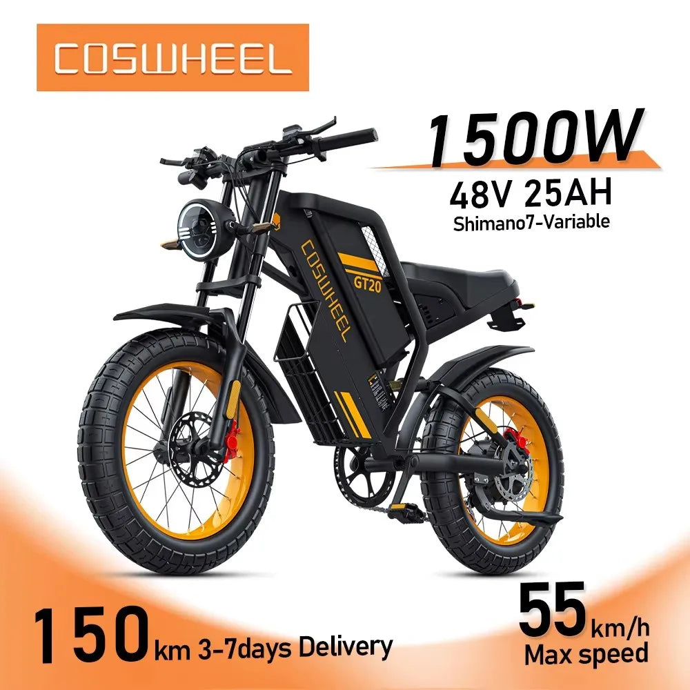 Coswheel GT20 Electric Motorcycle Mountain Bike for Adults 20 Inch 1000W 48V Electric Bike Adult Motorcycle Fenders Are Present
