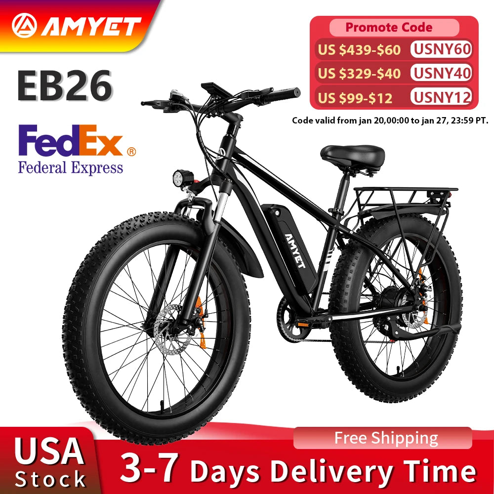 AMYET EB26 Electric Bike for Adults 1000W Electric Bicycle 48V 15AH E Bike 26" Fat Tire Mountain 31Mph Dual Shock Absorber Ebike