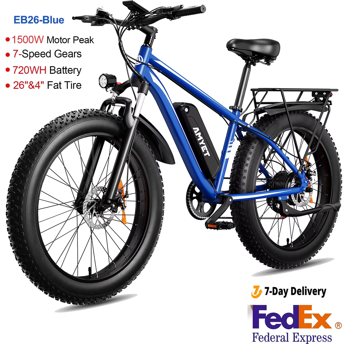 AMYET Electric Bike EB26 Blue Adults Electric Bicycle 31Mph Peak 1500W 720WH Ebike 26" Fat Tire Mountain Bike Electric Dirt Bike