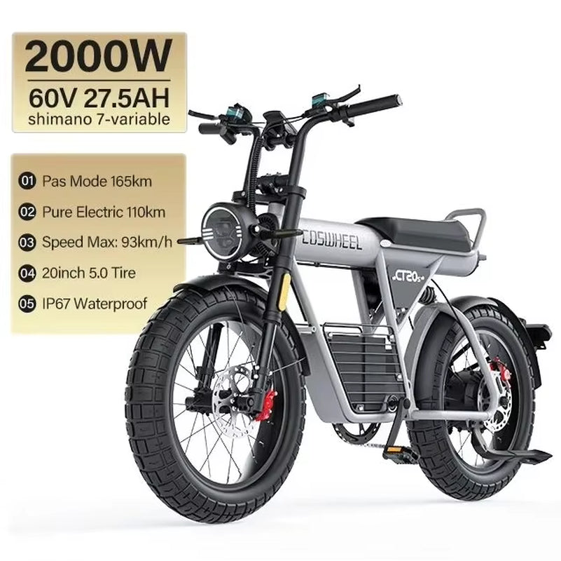Coswheel Electric Bike CT20S 2000W Motorcyle Drit Bike Ebike 20 Inch Fat Tire Bicycle 60V 27.5AH Bikes Adult Electric Bicycle