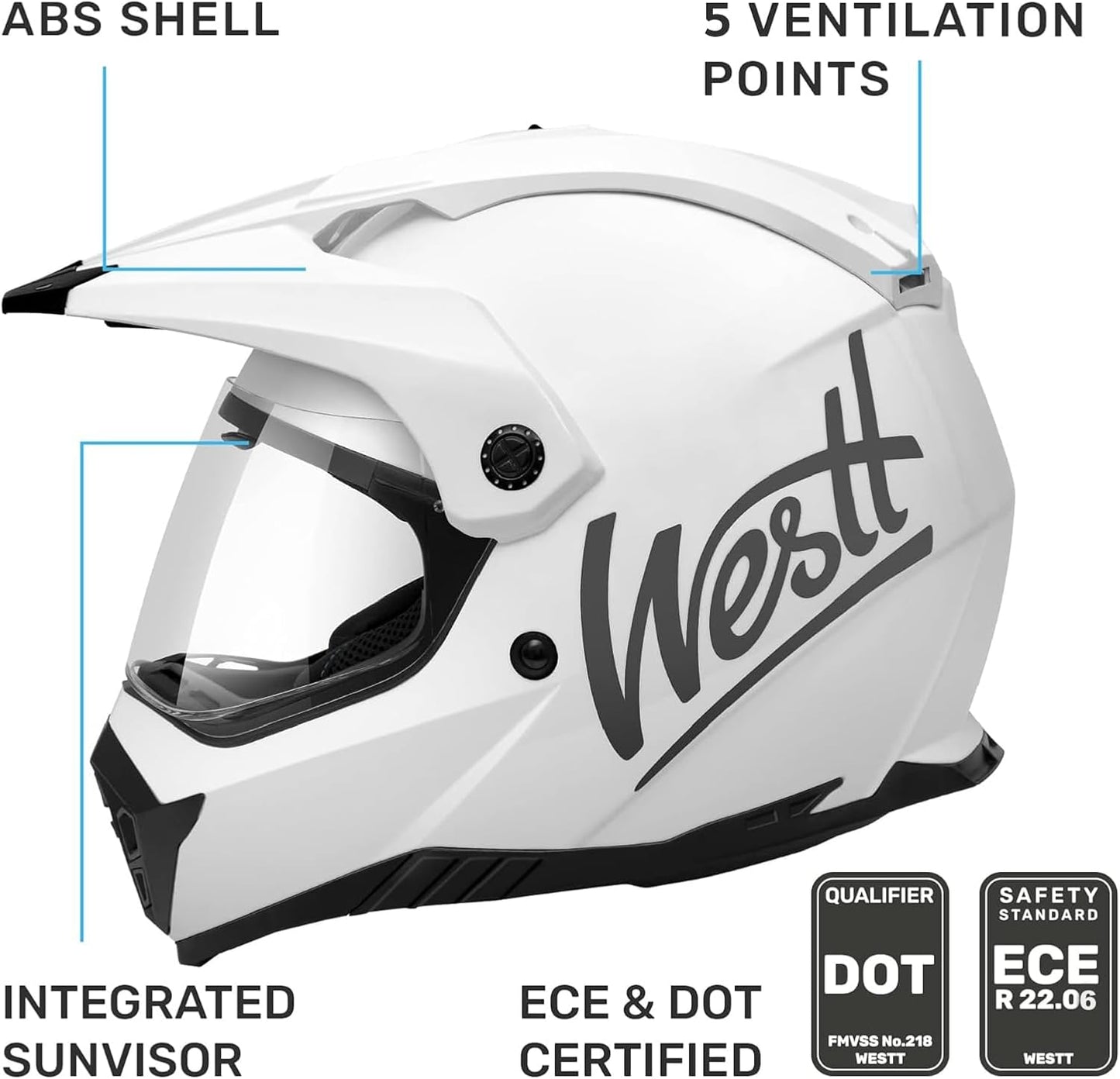 Westt Dual Sport Motorcycle Helmet Off-Road Helmets for Adults, Dual Visor Motorcycle Helmet - Full Face ATV UTV Helmet Dirt Bike Motocross Helmets DOT Approved