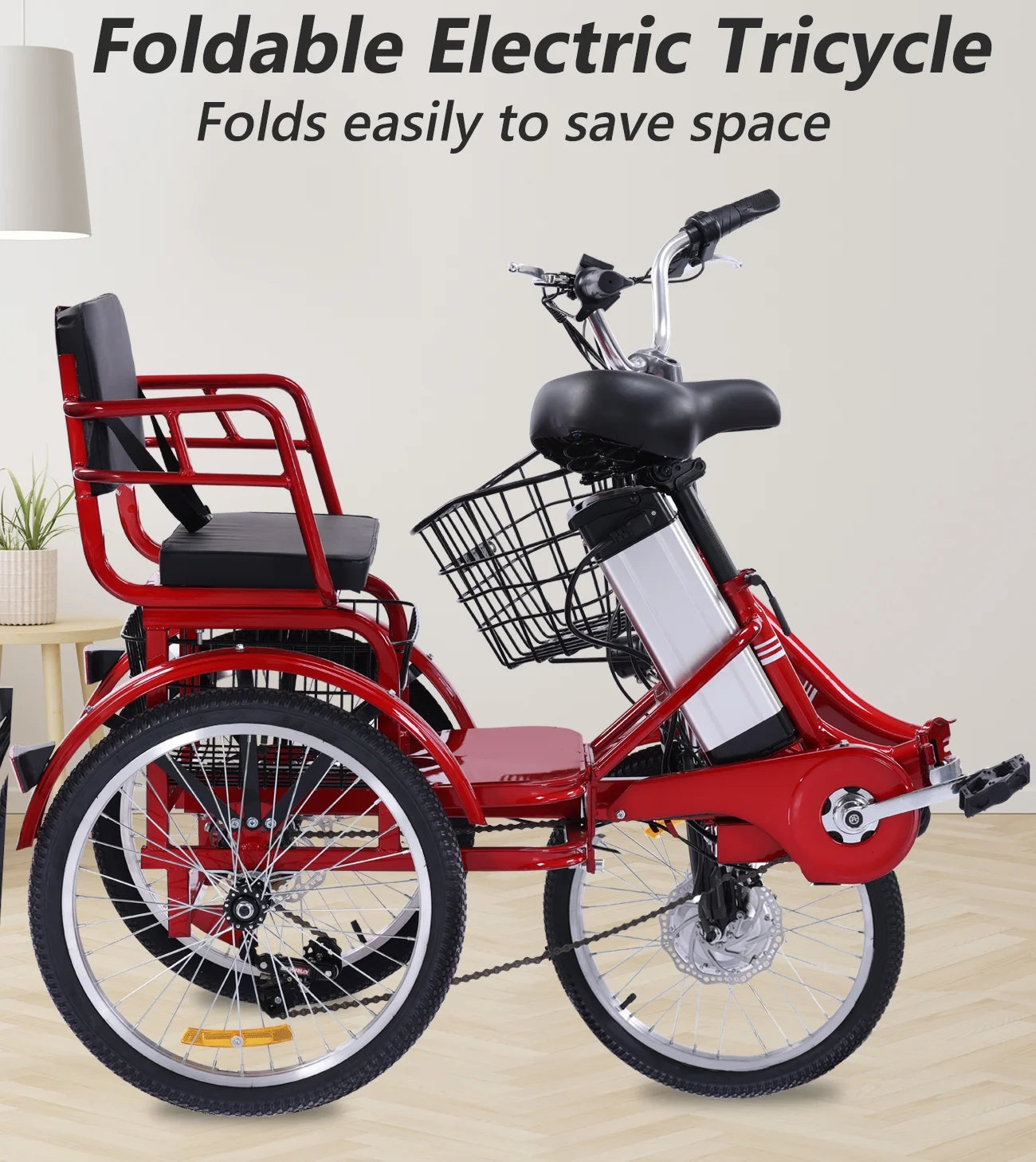 Electric Tricycle for Adults Folding Electric Trike 3 Wheel Electric Trike with Two-Seater Large Basket Super Powerful Brushless 350W Motor 36V12AH Lithium Battery Max 20MPH E-Tricycle Red