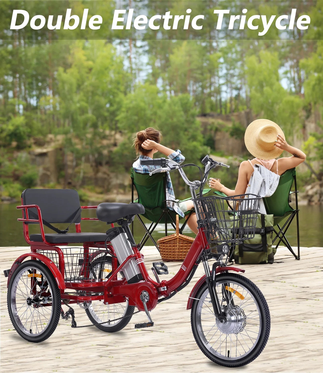 Electric Tricycle for Adults Folding Electric Trike 3 Wheel Electric Trike with Two-Seater Large Basket Super Powerful Brushless 350W Motor 36V12AH Lithium Battery Max 20MPH E-Tricycle Red