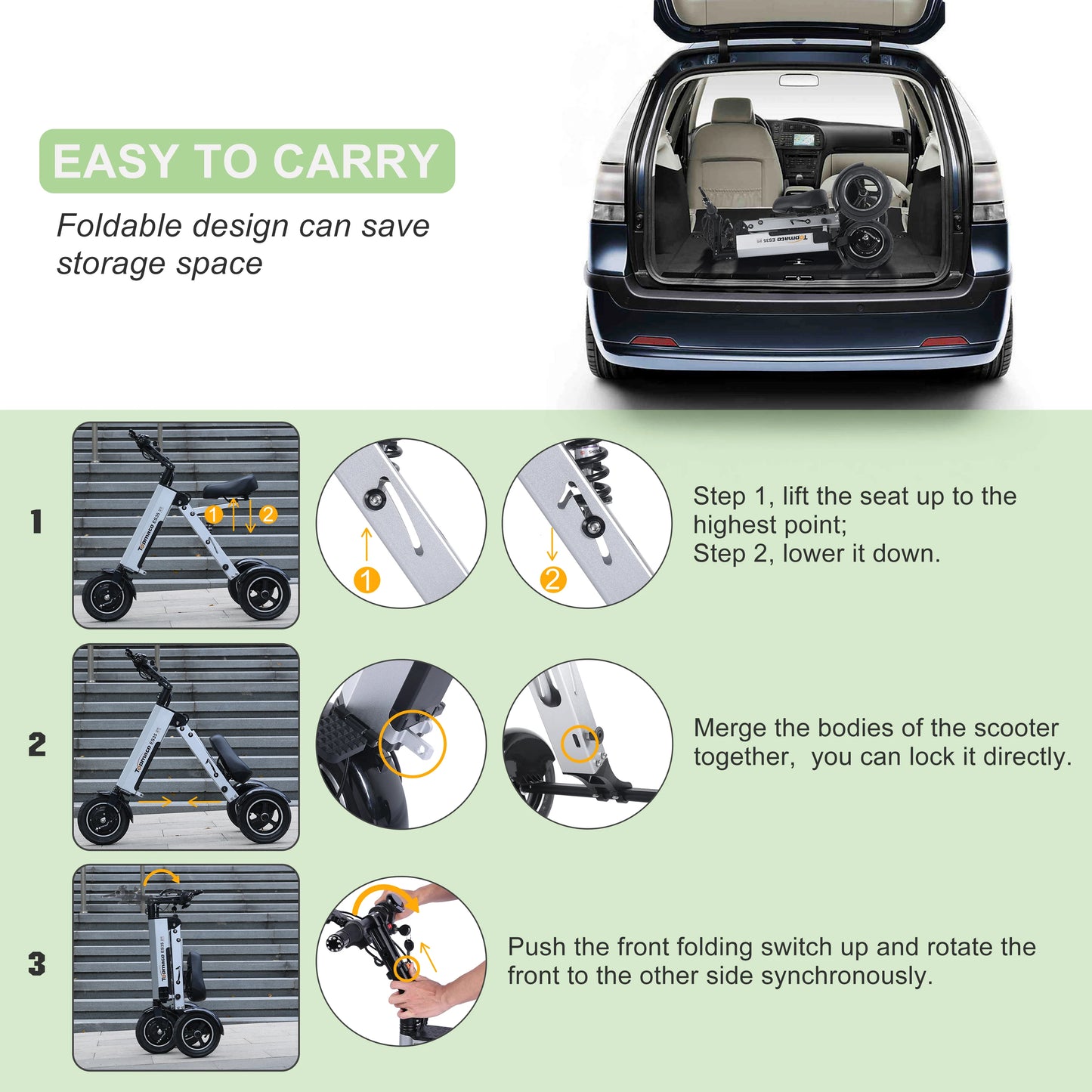 Tpmate ES35 Lightweight Foldable Electric Scooter 3 Wheel Mobility Trike for Adults with Removable Battery 15Mph
