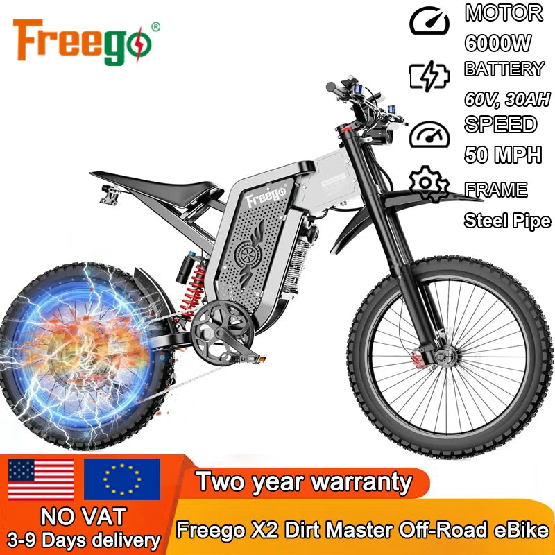 Ebike Freego X2 Electric Motorcycles Brushless Gearless Motors 6000W 60V/30Ah Lithium Battery 50MPH Adult off Road MTB Ebike