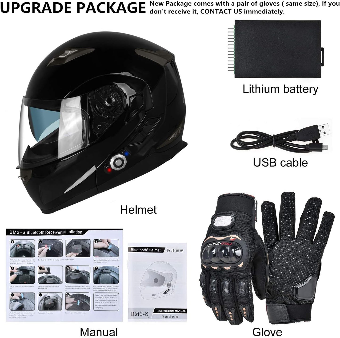 Freedconn BM2-S Bluetooth Motorcycle Helmet, Flip-Up Modular Motorbike Helmet, 500M Connectivity for 2-3 Riders, Voice Dial, Hands-Free Call, MP3, FM, DOT Certified (Medium, Gloss Black)