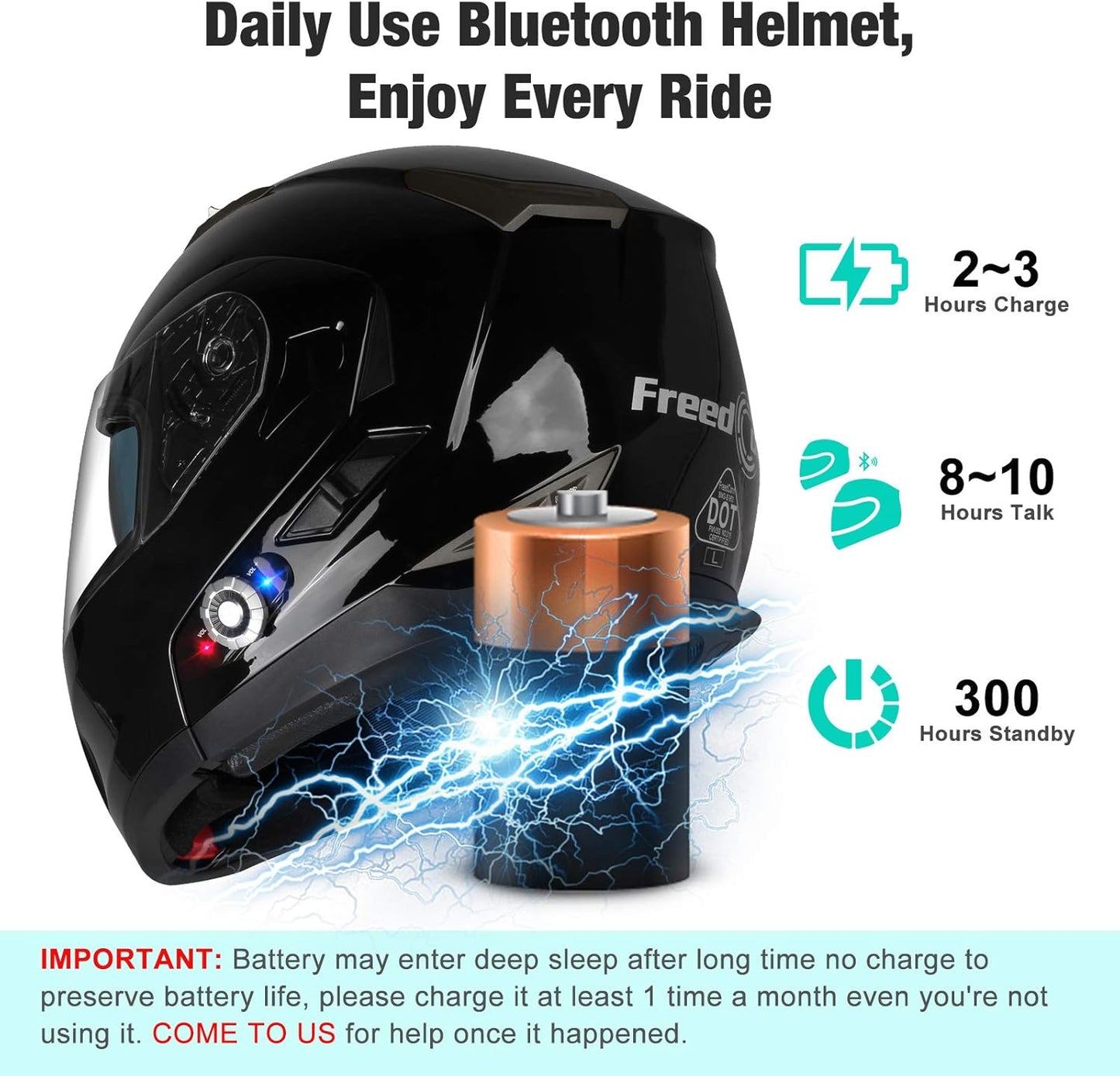 Freedconn BM2-S Bluetooth Motorcycle Helmet, Flip-Up Modular Motorbike Helmet, 500M Connectivity for 2-3 Riders, Voice Dial, Hands-Free Call, MP3, FM, DOT Certified (Medium, Gloss Black)