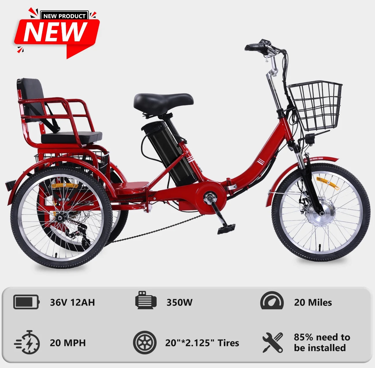 Electric Tricycle for Adults Folding Electric Trike 3 Wheel Electric Trike with Two-Seater Large Basket Super Powerful Brushless 350W Motor 36V12AH Lithium Battery Max 20MPH E-Tricycle Red