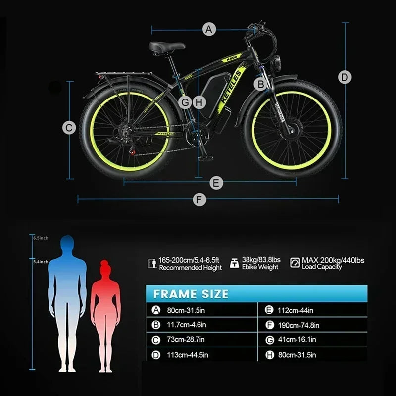 KETELES K800 Adult Mountain Electric Bicycle 2000W Motor 48V23Ah Battery Electric Bike 26 Inch Fat Tire Mountain Off-Road Ebike