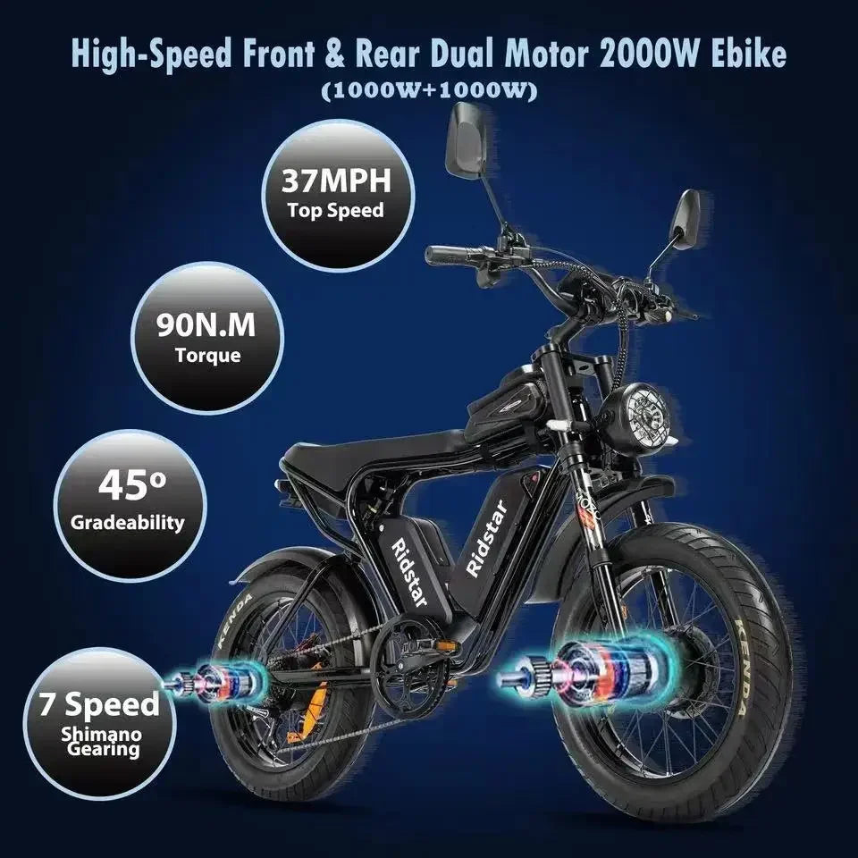 Electric Bicycle 2000W Powerful Dual Motor 52V 40Ah Dual Battery Q20 Ebike Motorcycle Mountain 20X4.0 Fat Tire Electric Bike