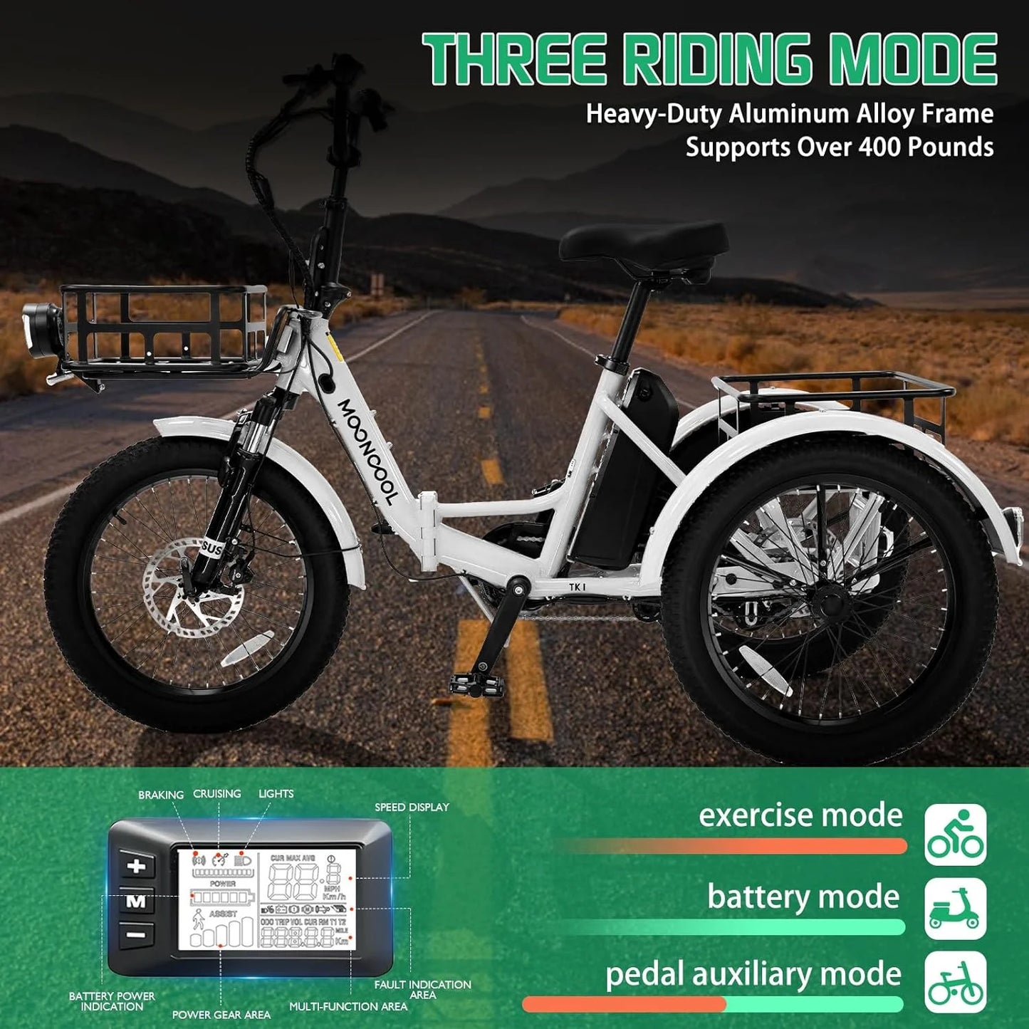 ABORON 20" Fat Tire Electric Trike 750W 48V Motorized Folding Commute E-Bike for Adult, Foldable 3 Wheel Electric Bicycle Trike for Senior Women with Front & Rear Basket, UL2849