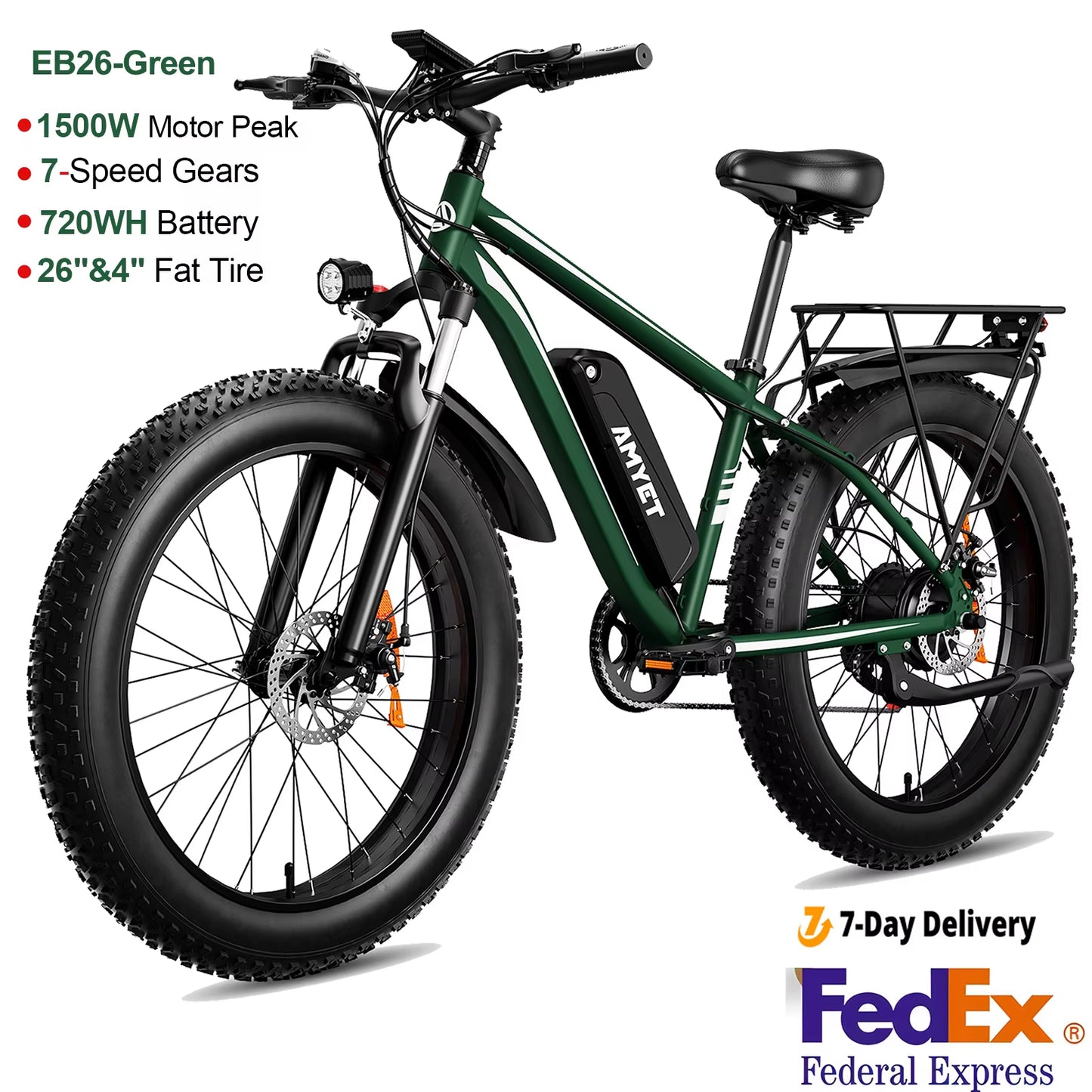 AMYET Electric Bike EB26 Blue Adults Electric Bicycle 31Mph Peak 1500W 720WH Ebike 26" Fat Tire Mountain Bike Electric Dirt Bike