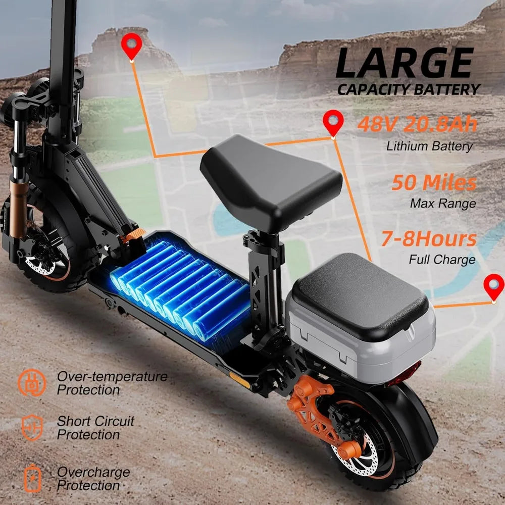Electric Scooter with Seat, 1600W Motor up to 45 Miles Range & 34 MPH Top Speed, 11" Off-Road Tires, Foldable Kick Scooter