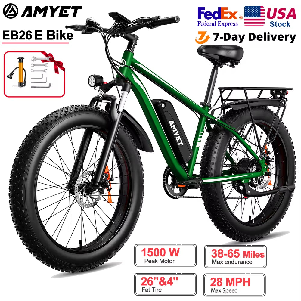 AMYET Electric Bike EB26 Blue Adults Electric Bicycle 31Mph Peak 1500W 720WH Ebike 26" Fat Tire Mountain Bike Electric Dirt Bike