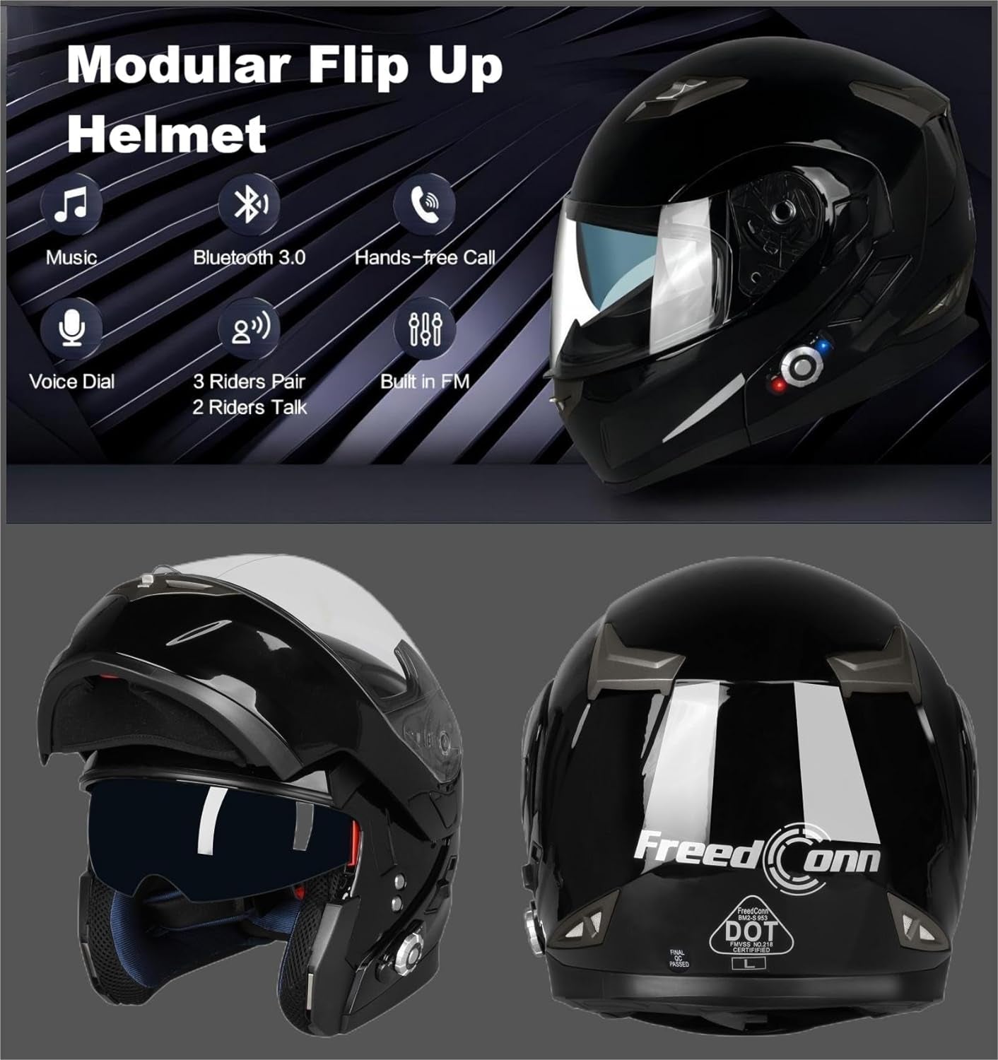 Freedconn BM2-S Bluetooth Motorcycle Helmet, Flip-Up Modular Motorbike Helmet, 500M Connectivity for 2-3 Riders, Voice Dial, Hands-Free Call, MP3, FM, DOT Certified (Medium, Gloss Black)