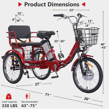 Electric Tricycle for Adults Folding Electric Trike 3 Wheel Electric Trike with Two-Seater Large Basket Super Powerful Brushless 350W Motor 36V12AH Lithium Battery Max 20MPH E-Tricycle Red