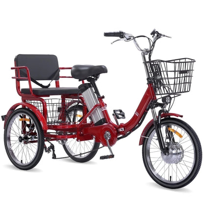 Electric Tricycle for Adults Folding Electric Trike 3 Wheel Electric Trike with Two-Seater Large Basket Super Powerful Brushless 350W Motor 36V12AH Lithium Battery Max 20MPH E-Tricycle Red