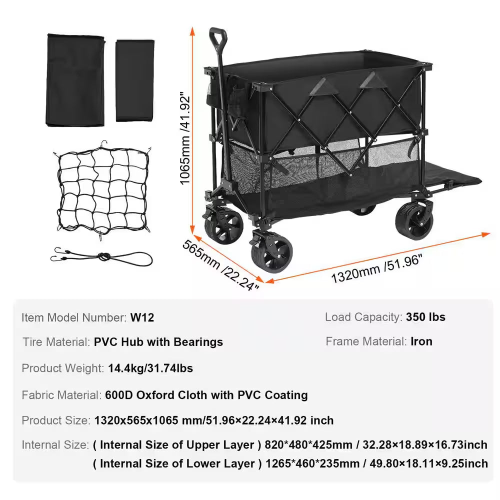 14.12 Cu. Ft. Steel Garden Cart Foldable Double Decker Wagon 400L Collapsible Wagon with All-Terrain Wheels Heavy Duty