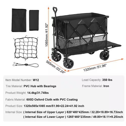 14.12 Cu. Ft. Steel Garden Cart Foldable Double Decker Wagon 400L Collapsible Wagon with All-Terrain Wheels Heavy Duty