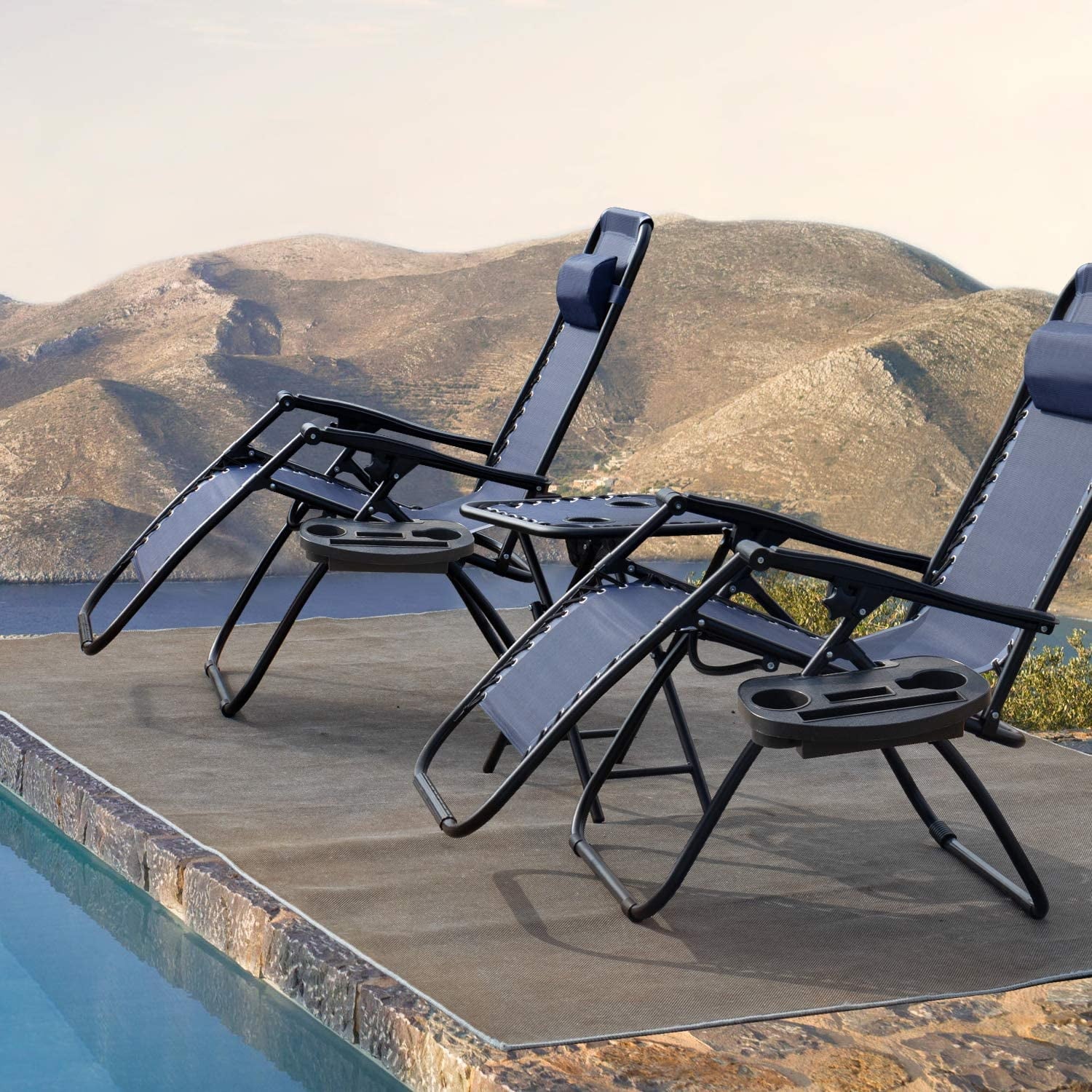 Vineego 3 Pieces Zero Gravity Chair Patio Foldable Chaise Lounge Chairs 2 Beach Chairs and Table with Cup Holders,Blue