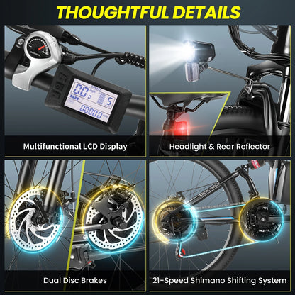 Vivi M026TGB 26" Folding Electric Bike for Adults, with 500W Motor,48V 20MPH Removable Battery, up to 50Miles Range