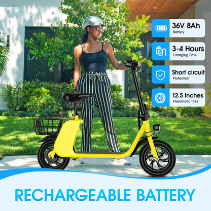 450W Adult Electric Scooter 15.5Mph, with Seat and Shopping Basket, Suitable for Female Electric Scooters for Urban Commuting