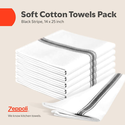 Zeppoli Classic Kitchen Towels - 30 Pack 100% Natural Cotton Towel Set, Reusable Wash Cloths, Absorbent Dish Towels, Machine Washable Hand Towels, Kitchen Essentials, 14” by 25”, Black Striped