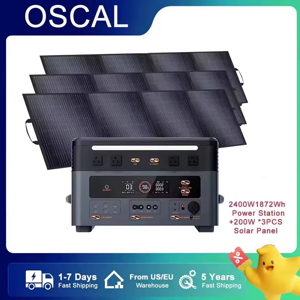 OSCAL 1872Wh Solar Generator 2400W（4800W Peak）With Solarpanel 3*200W(600W) Lifepo4 Portable Power Station with Solar Charger