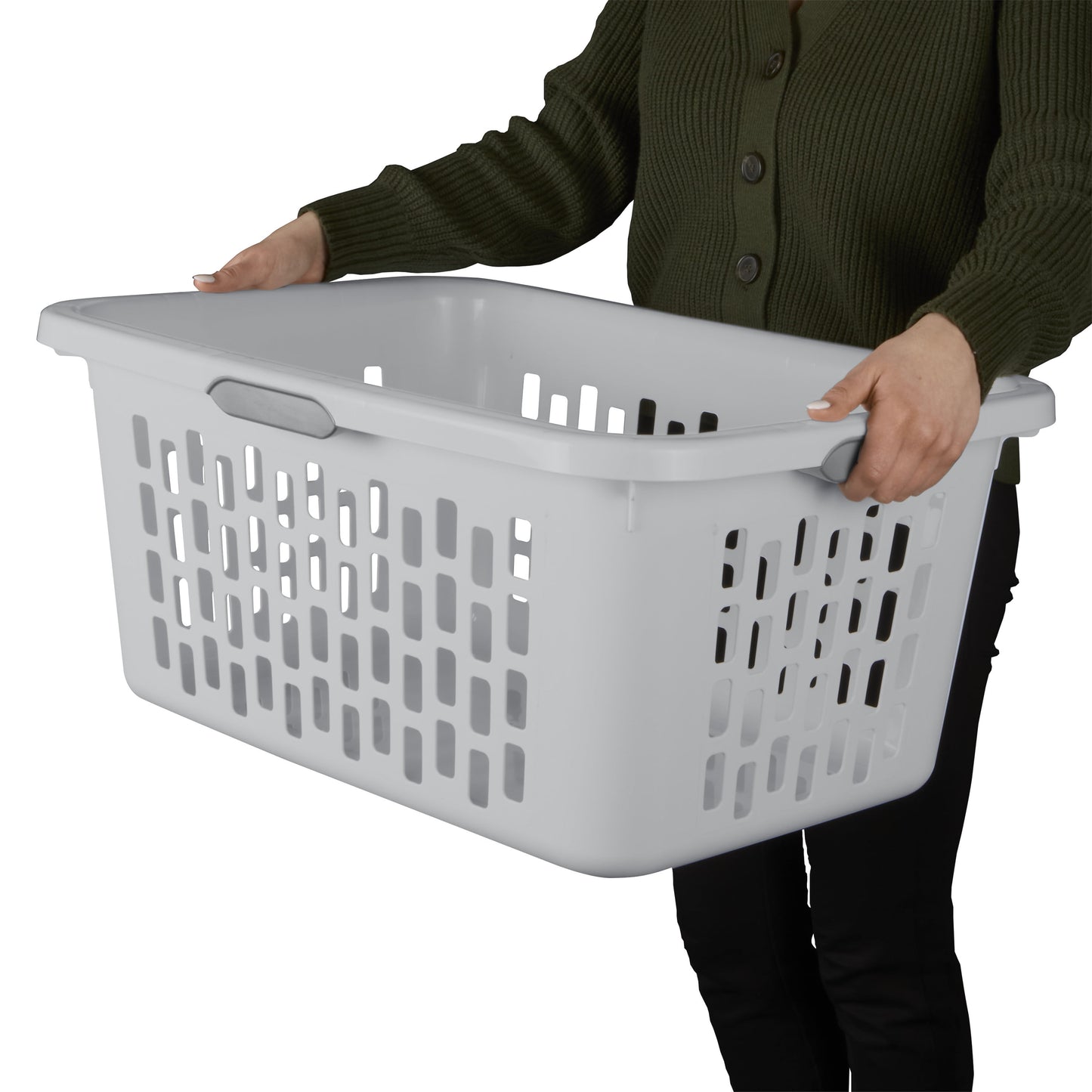 Sterilite Plastic Laundry Basket, Large Rectangle, Comfort Grip Handles, Breathable, Gray
