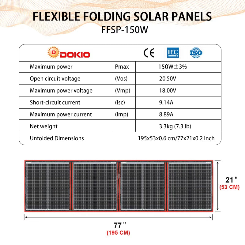 DOKIO 18V 150W Flexible Foldble Solar Panel Charge Mobile Phone USB Charge 12V Outdoor Solar Panels for Camping/Boats/Home