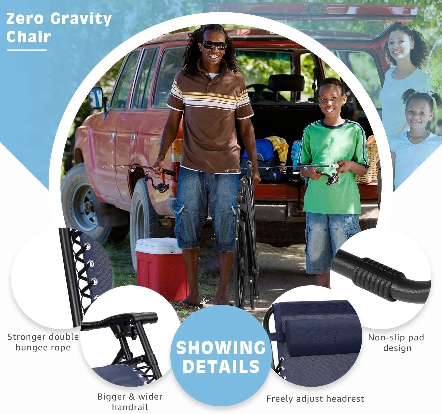 Vineego 3 Pieces Zero Gravity Chair Patio Foldable Chaise Lounge Chairs 2 Beach Chairs and Table with Cup Holders,Blue