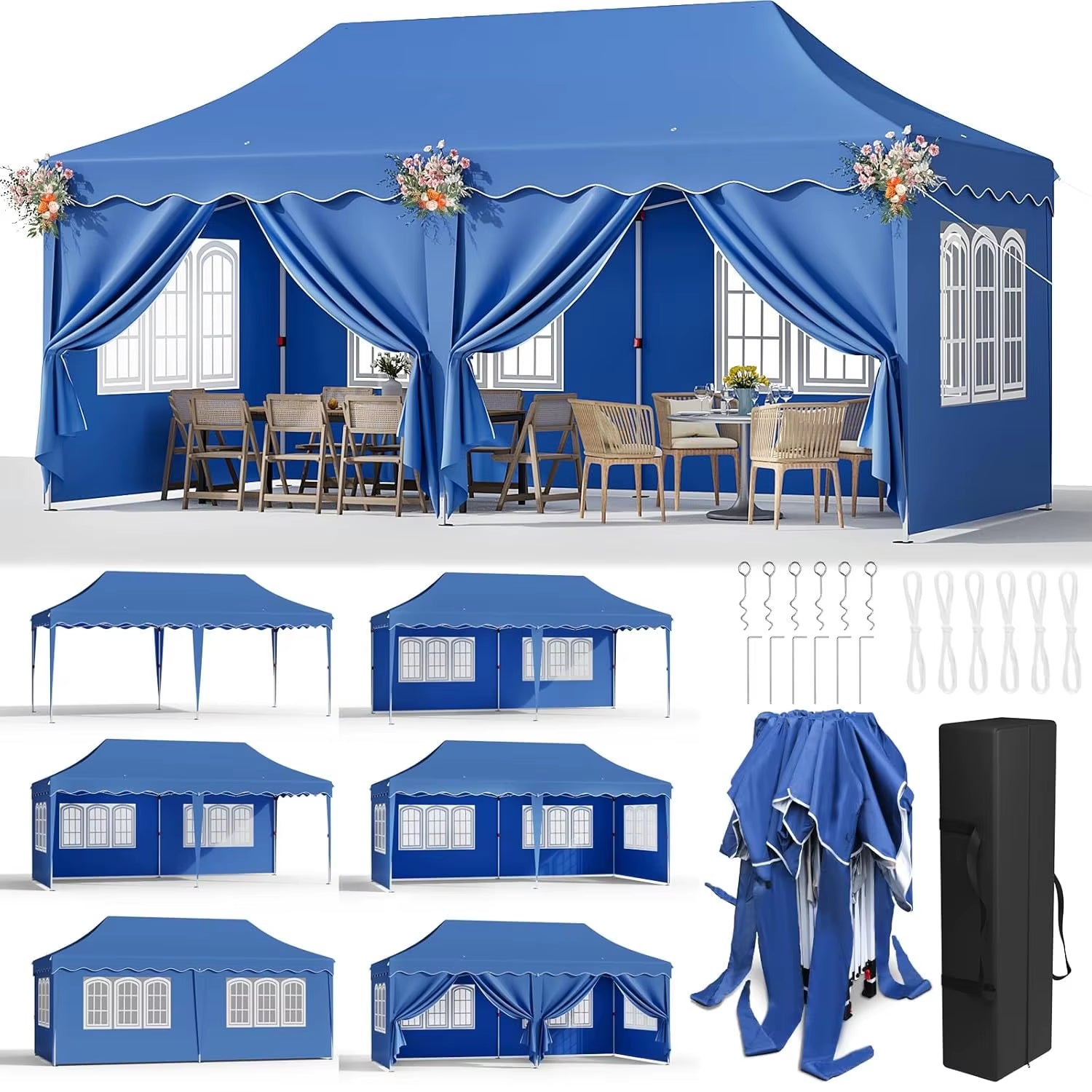 Pavilion Popup Gazebo 3X6M Waterproof Folding Gazebo Tent Party Tent 6 Side Panels Fully Enclosed UV 50+ Height Adjustable 2-3M
