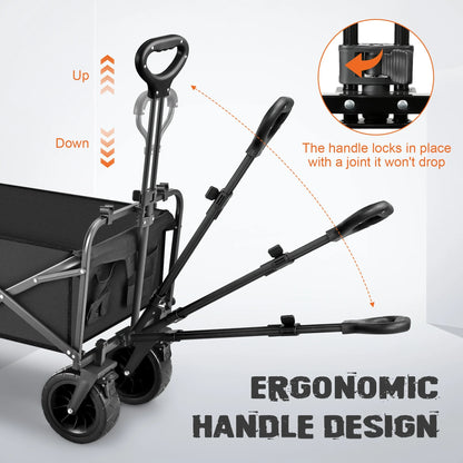 Qunler 560Lbs Collapsible Folding Wagon, Big Bucket Beach Cart, Heavy Duty Large Capacity Garden Wagon with Multi-Terrain Brake Wheels for Outdoor Camping, Shopping, Sports, Grocery, Kids, Black