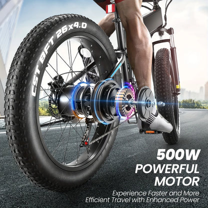 26" X 4.0 Fat Tire Ebike for Adult with High Speed 500W Brushless Motor, 48V 10Ah Foldable Electric Bicycles, 20MPH Ebike