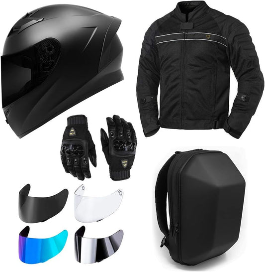 GDM Motorcycle Protective Gear Bundle (Premium Pack) - Helmet, Jacket, Gloves, Shields, Backpack (Large)